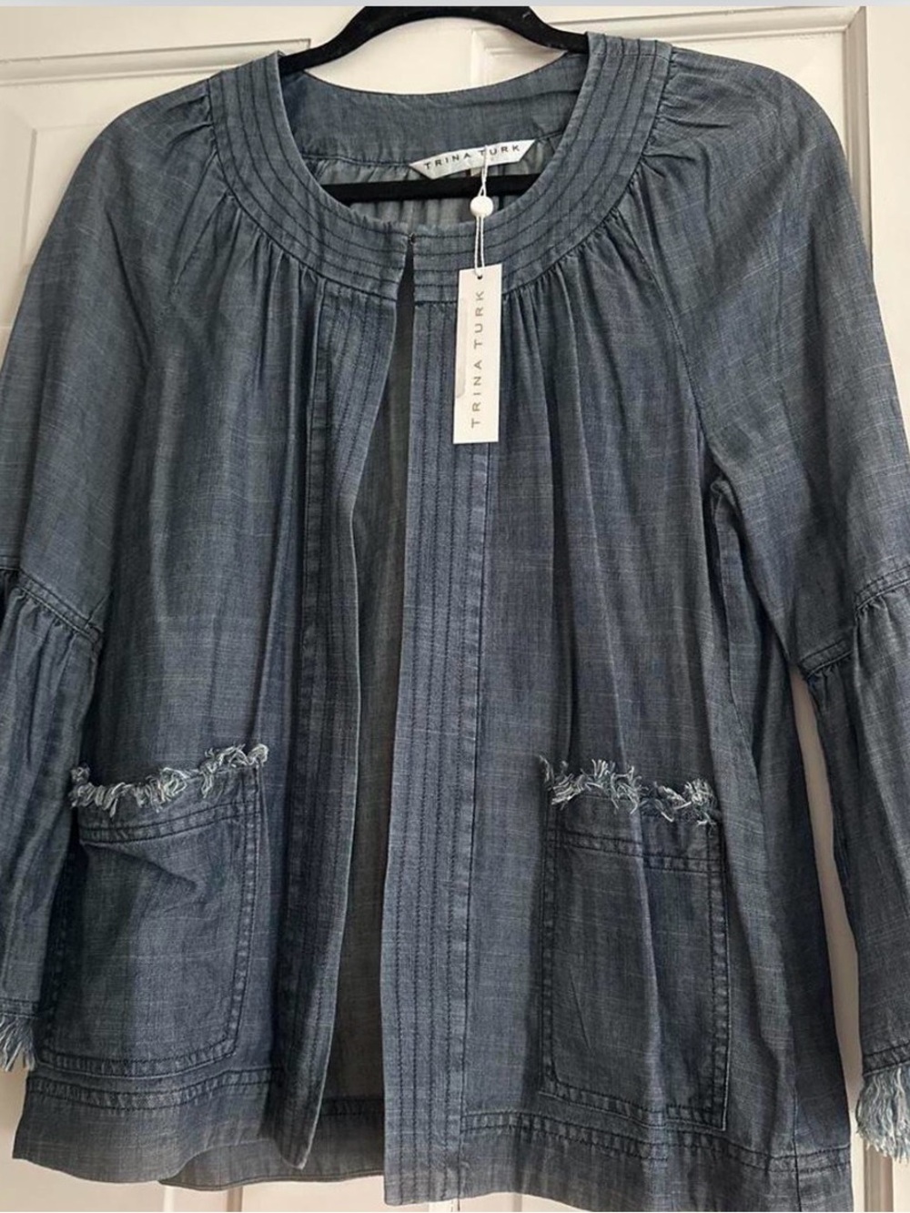 Trina Turk Washed Blue Denim Open-Front Jacket with Pintuck Yoke